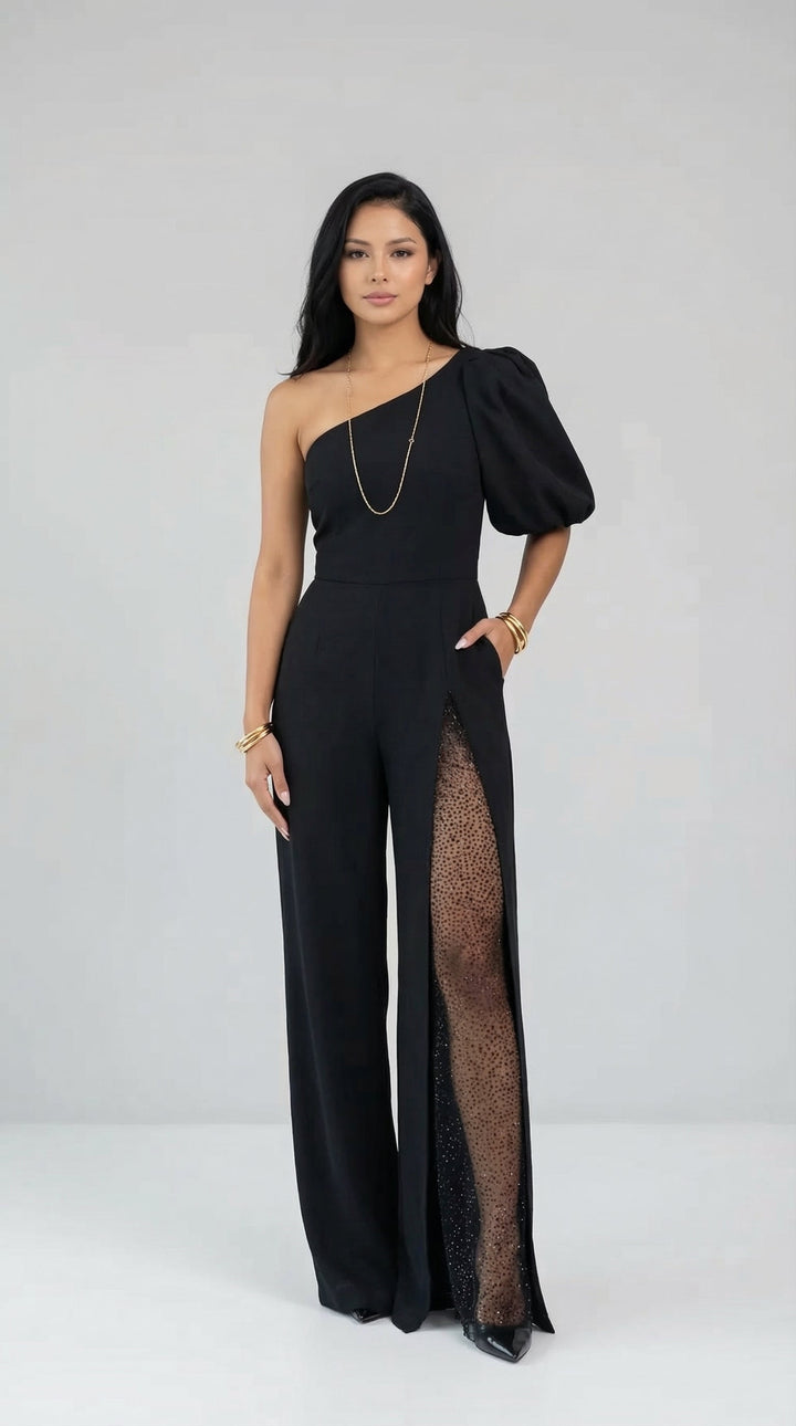 Athenea - Elegant One-Shoulder Jumpsuit with Glitter Detail